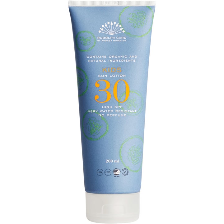 Rudolph Care Kids Sun Lotion 200 ml vannavstøtende solkrem med SPF 30 i lyseblå tube med grønne illustrasjoner