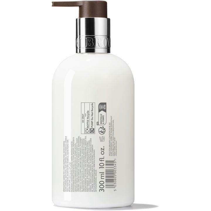 Molton Brown Rose Dunes Body Lotion 300 ml fuktighetsgivende kroppskrem på hvit flaske med ingrediensliste og brun pumpe