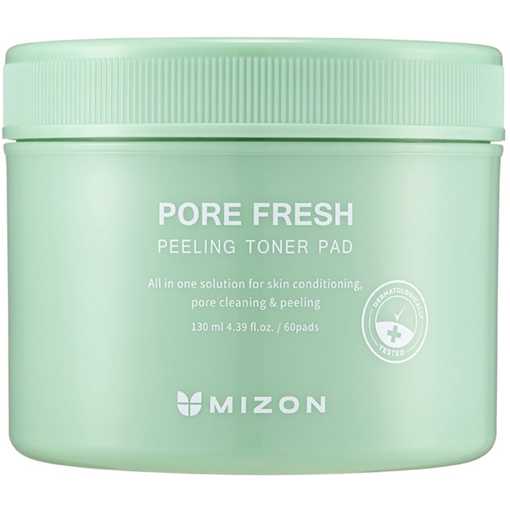 Mizon Pore Fresh Peeling Toner Pad 60 pads eksfolierende toner som renser porer i en mintgrønn plastkrukke med rillet lokk