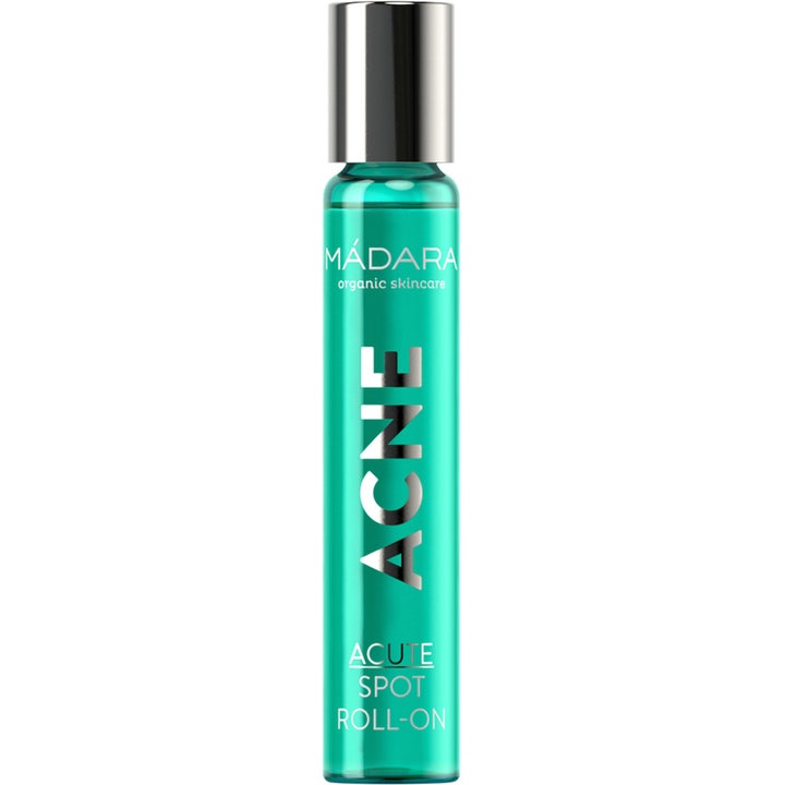 Mádara Acne Acute Spot Roll-on 8 ml mot kviser i en slank turkis glassbeholder med sølvfarget kork og tekst.