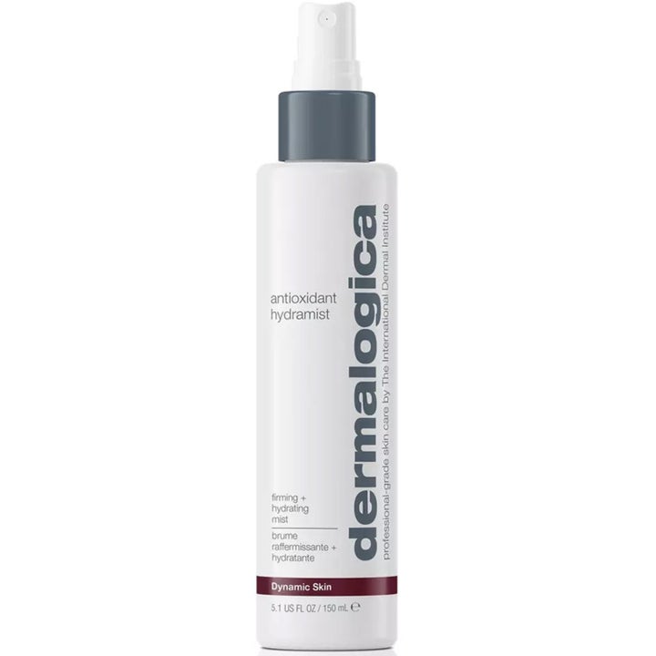 Dermalogica Antioxidant Hydramist 150 ml oppstrammende ansiktstoner i hvit sprayflaske med sølvdetaljer og lilla bånd.