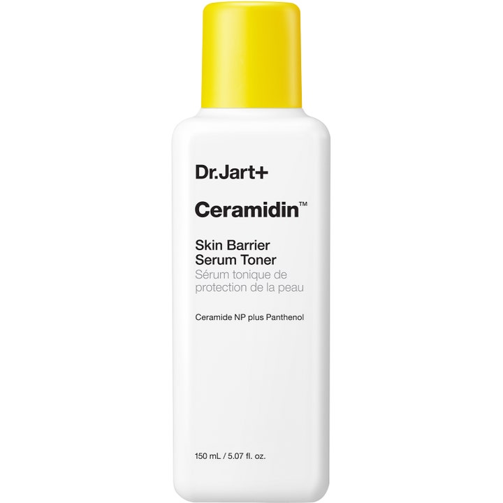Dr.Jart+ Ceramidin Skin Barrier Serum Toner 150 ml fuktighetsgivende ansiktstoner i hvit plastflaske med gult lokk