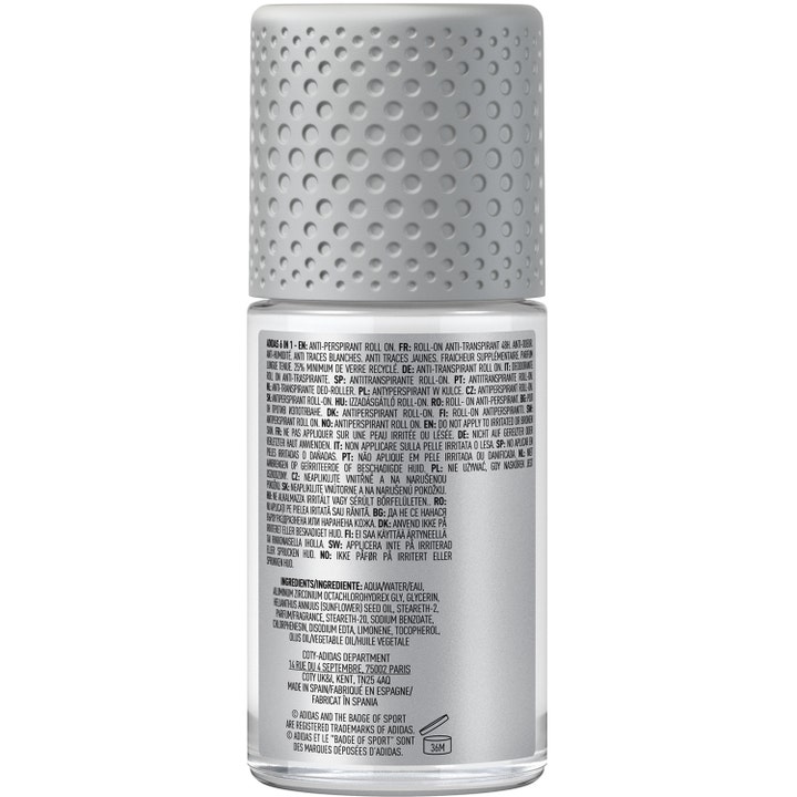 Adidas Cool & Dry 6 In 1 50 ml roll-on deodorant baksiden av flasken med ingrediensliste og grå kork