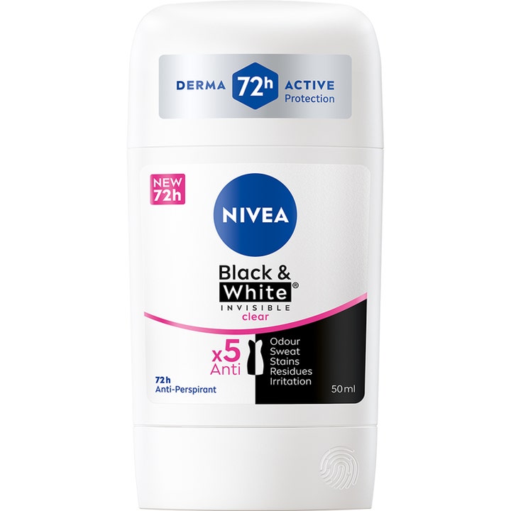 Nivea Black & White Invisible Clear 50 ml antiperspirant gir 72t beskyttelse i hvit stift med blå og rosa detaljer