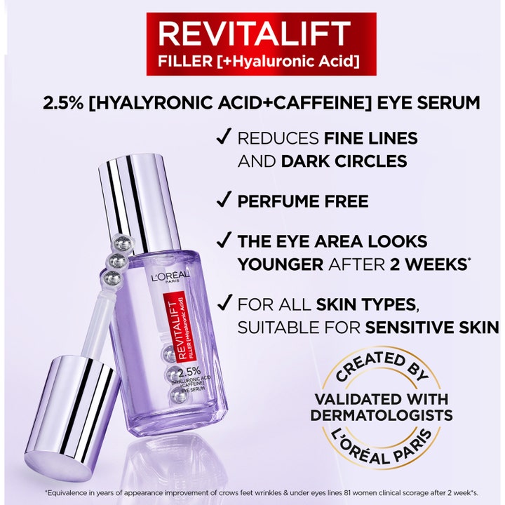 L'Oréal Paris Filler Eye Serum 20 ml mot mørke ringer i lilla glassflaske med trippel kuleapplikator