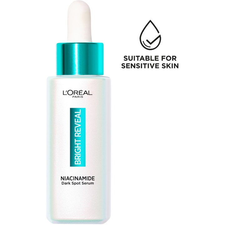 L'Oréal Paris Bright Reveal Niacinamide Dark Spot UV Serum 30 ml mot mørke flekker i skimrende flaske med turkis kork.