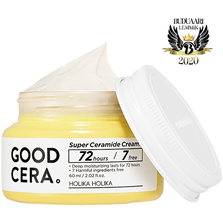 Holika Holika Good Cera Super Ceramide Cream 60 ml fuktighetsgivende ansiktskrem i gul krukke med hvit tekstur