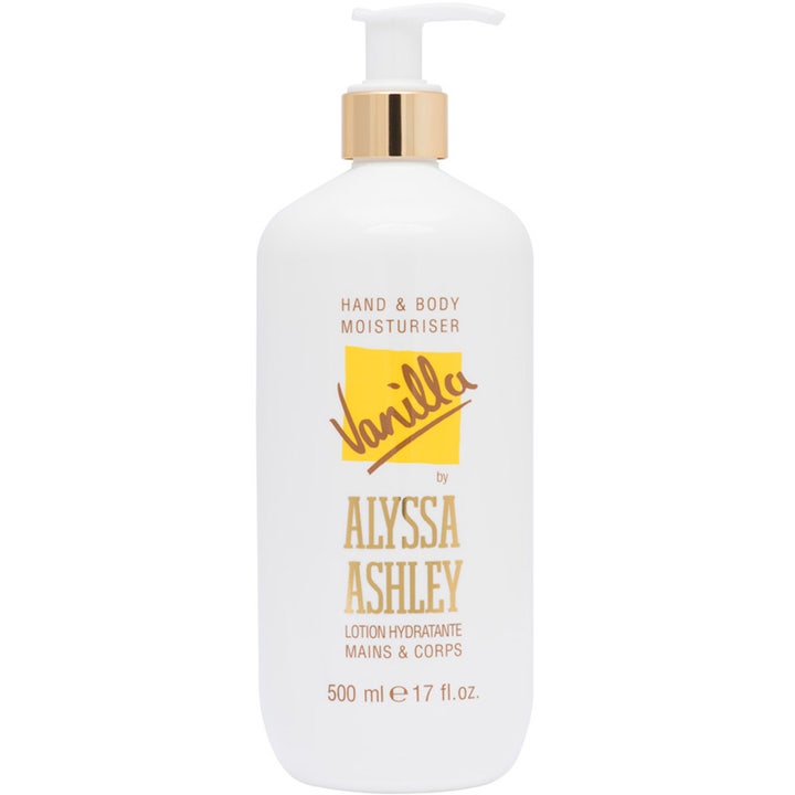 Alyssa Ashley Vanilla Hand & Body Moisturiser 500 ml fuktighetsgivende lotion i hvit pumpeflaske med gulldetaljer.