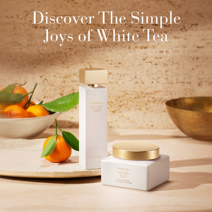 Elizabeth Arden White Tea Body Cream 225 ml fuktighetsgivende kroppskrem i hvit krukke med gulllokk og friske appelsiner