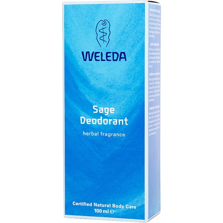Weleda Sage Deodorant 100 ml naturlig kroppspleie i blå og hvit pappeske med teksten herbal fragrance