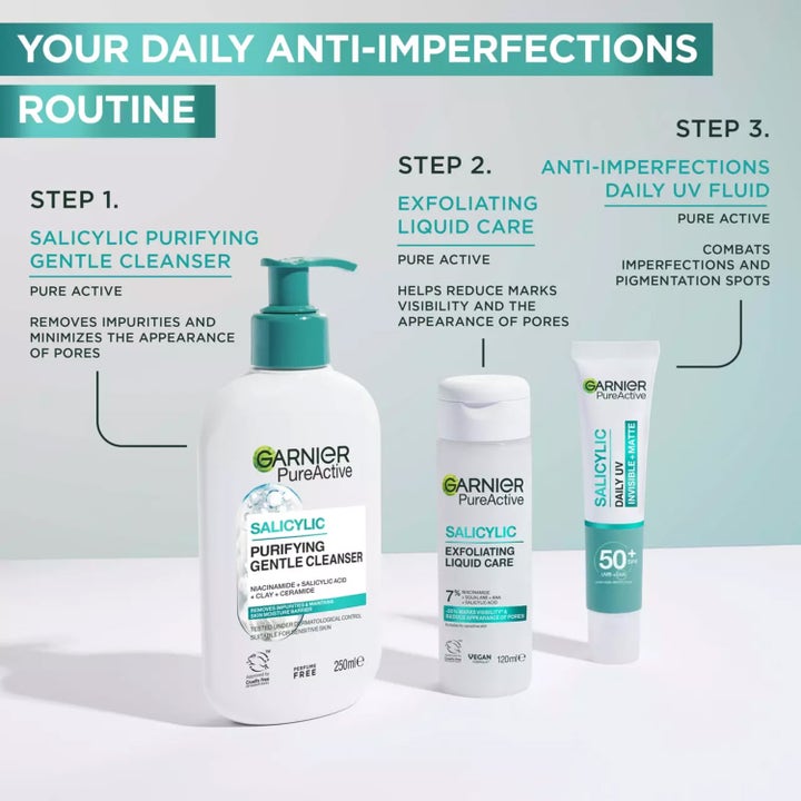 Garnier PureActive Salicylic Exfoliating Liquid Care 120 ml ansiktsrens i en rutine for uren hud