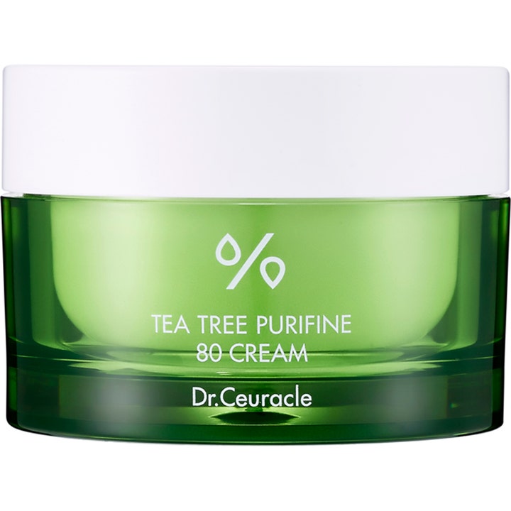 Dr. Ceuracle Tea Tree Purifine 80 Cream 50g beroligende ansiktskrem i en gjennomsiktig grønn krukke med hvitt lokk