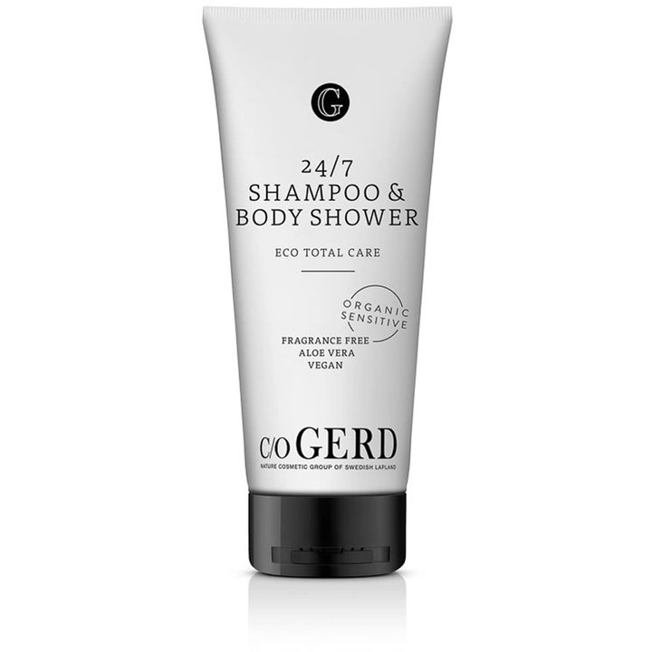 c/o GERD 24/7 Shampoo & Body Shower pleiende sjampo og dusjsåpe med aloe vera i hvit tube med sort kork