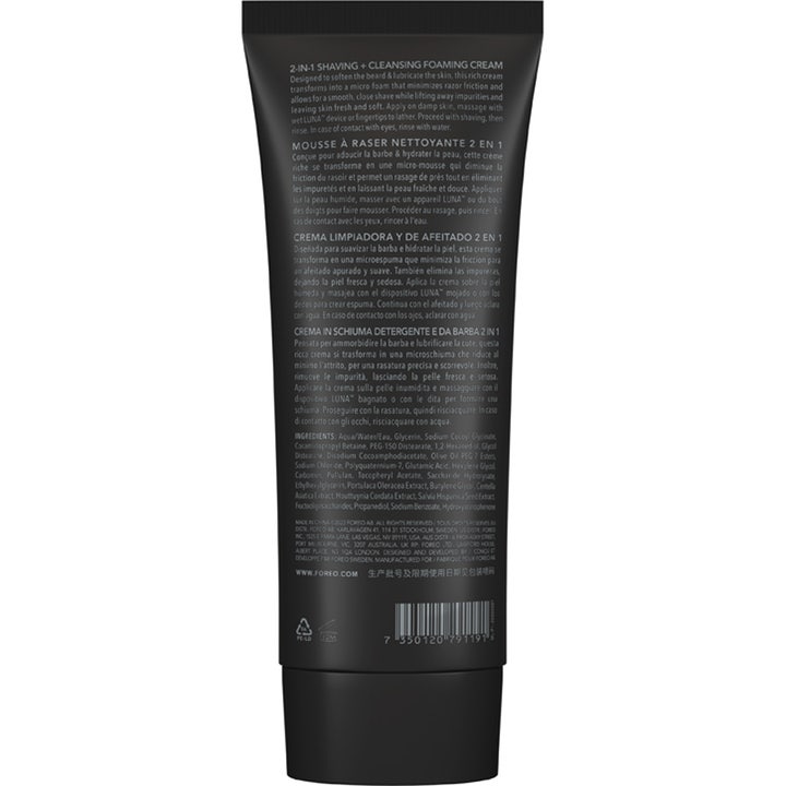 FOREO LUNA Shaving &amp; Cleansing Foaming Cream 2.0 100 ml rensende barberkrem baksiden av sort tube med hvit tekst