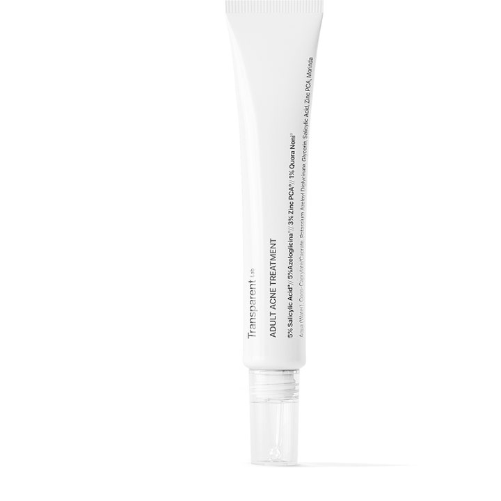 Transparent Lab Adult Acne Treatment mot akne i hvit tube med gjennomsiktig applikator og minimalistisk design
