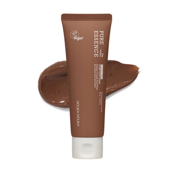 Holika Holika Pure Essence 80 g eksfolierende leirmaske i brun tube med kremet kakaotekstur