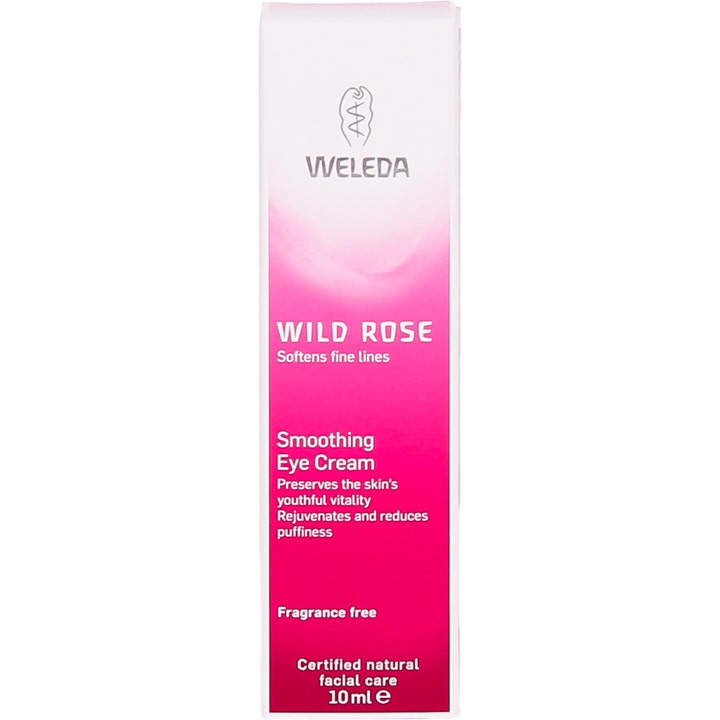 Weleda Wild Rose Smoothing Eye Cream 10 ml utjevnende øyekrem mot hovne øyne i en hvit og rosa eske