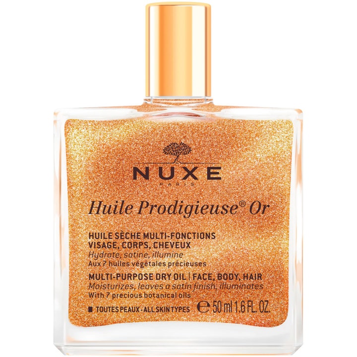 Nuxe Huile Prodigieuse Or 50 ml glitrende tørrolje i glassflaske med gullkork og skimrende gullpartikler