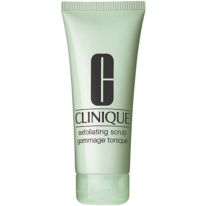 Clinique Exfoliating Scrub eksfolierende ansiktsskrubb i lysegrønn tube med sort logo og gjennomsiktig kork