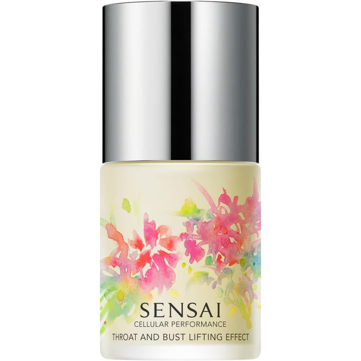 Sensai Cellular Performance Throat and Bust Lifting Effect oppstrammende krem i flaske med blomster og sølvkork.