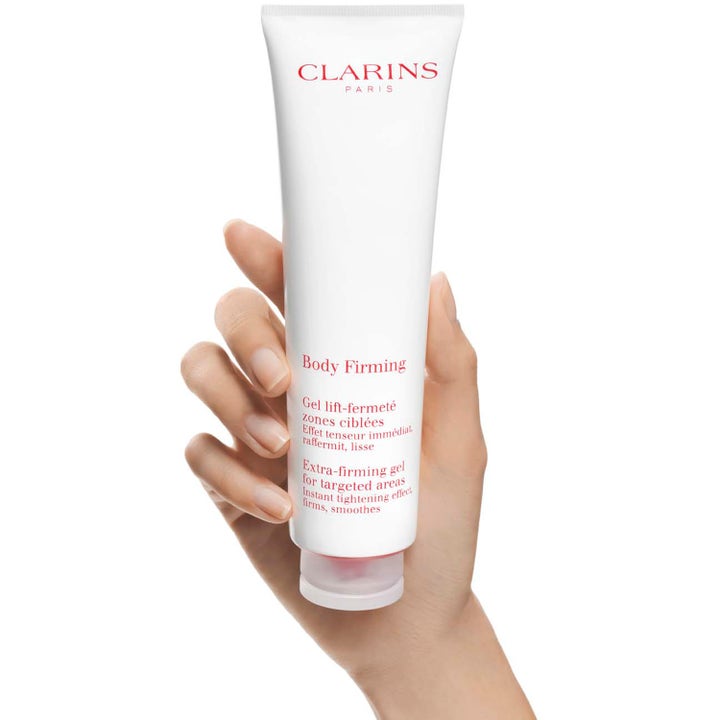 Clarins Body Firming Gel 150 ml oppstrammende kroppspleie i hvit tube som gir fastere hud på utvalgte områder.