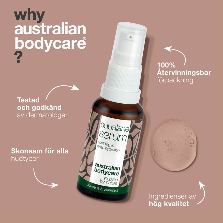 Australian Bodycare Squalane Serum 30 ml fuktgivende ansiktsserum i brun flaske med hvit pumpe og teksturdråpe.