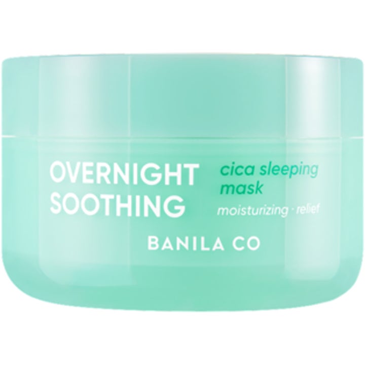 Banila Co Overnight Soothing Cica Sleeping Mask beroligende nattmaske i mintgrønn krukke som gir fuktighet og lindring.