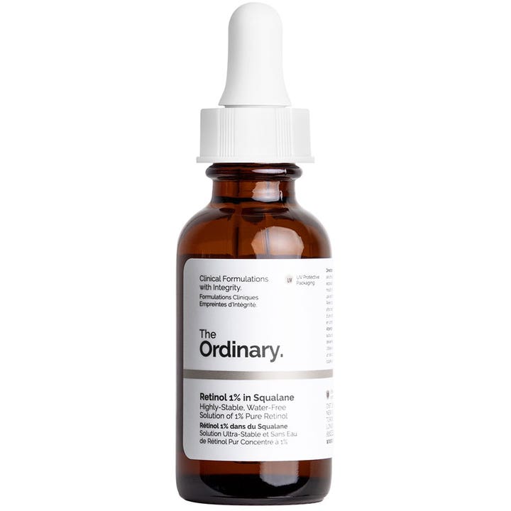 The Ordinary Retinol 1% in Squalane 30ml fornyende ansiktsserum i brun glassflaske med hvit pipette.
