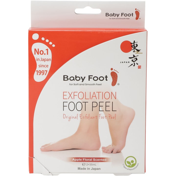 Baby Foot Exfoliation Foot Peel 2x35 ml eksfolierende fotmaske i rød og hvit eske med duft av eple og blomster