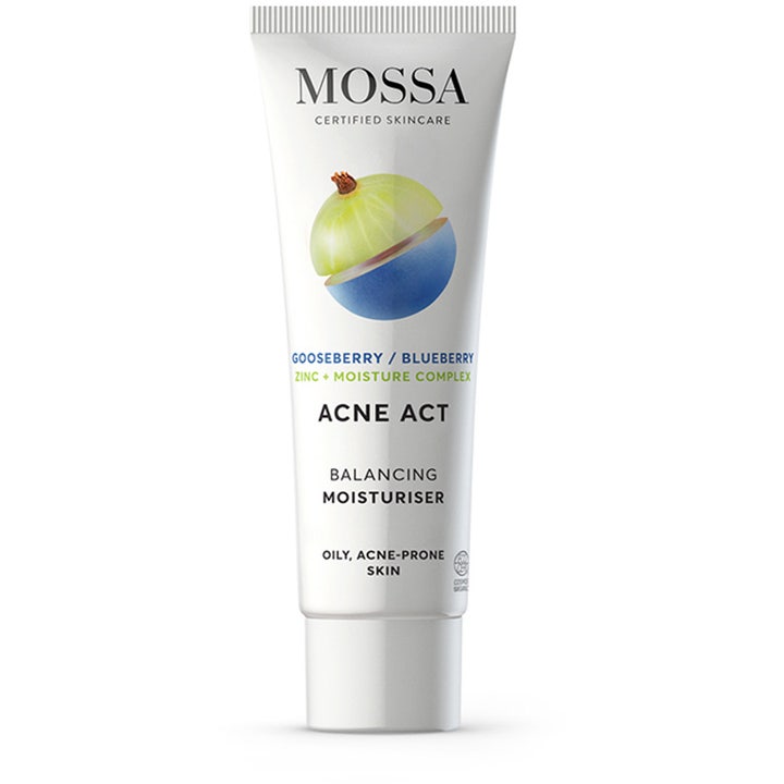 Mossa Acne Act Balancing Moisturiser balanserende ansiktskrem med sink og bær i hvit tube for uren hud