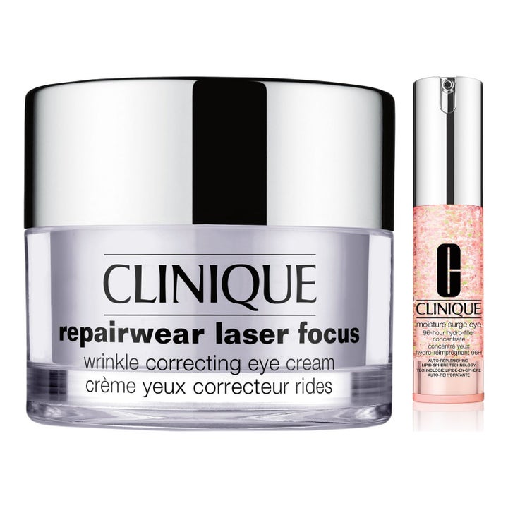 Clinique Repairwear Laser Focus 15ml rynkekorrigerende øyekrem i glasskrukke med Moisture Surge Eye serum.
