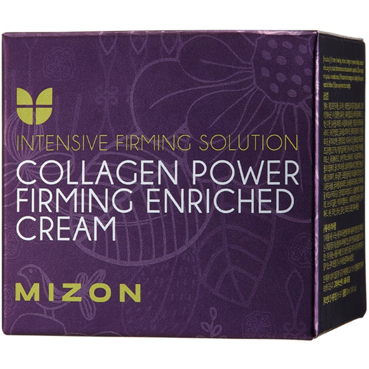 Mizon Collagen Power Firming Enriched Cream 50 ml oppstrammende ansiktskrem i lilla eske med mønster og grønn logo