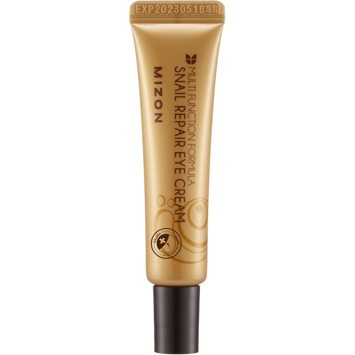 Mizon Snail Repair Eye Cream reparerende øyekrem med snegleslim i en metallisk gullfarget tube med sort kork