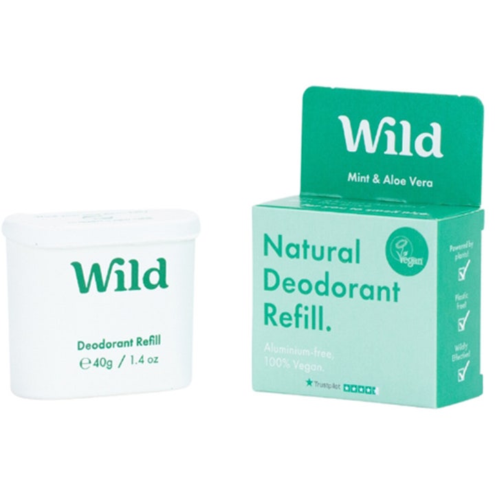 Wild Natural Deodorant Refill Mint &amp; Aloe Vera 40g aluminiumsfri deodorant i hvit beholder og mintgrønn pappeske
