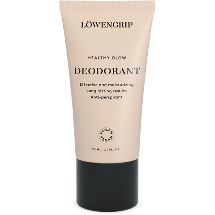 Löwengrip Healthy Glow Deodorant 50 ml fuktighetsgivende antiperspirant i en beige tube med svart skrukork.