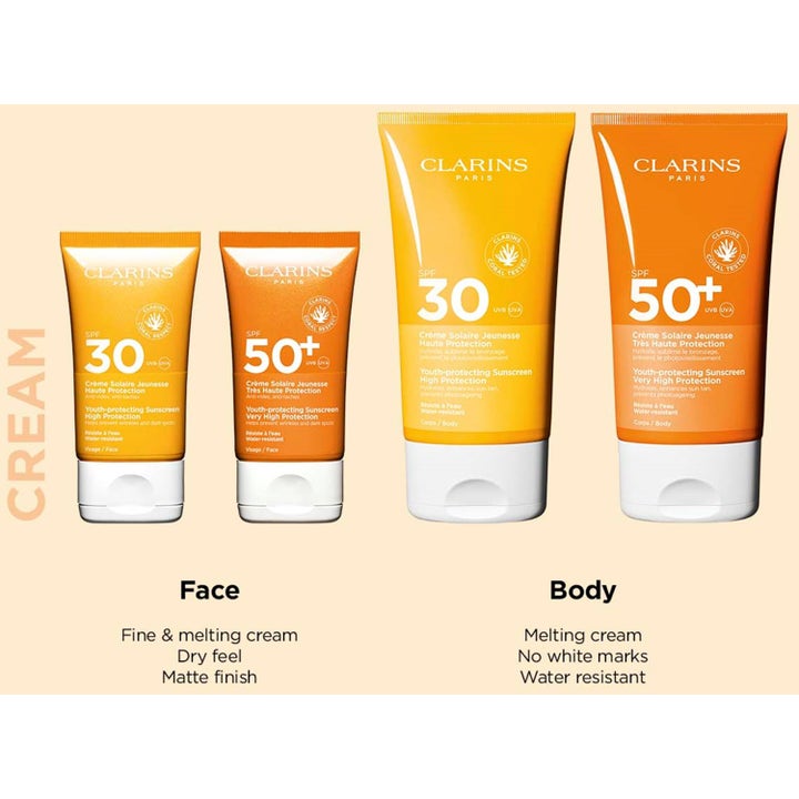 Clarins Youth-protecting Sunscreen SPF50+ Body 150 ml vannresistent solkrem i en serie oransje tuber