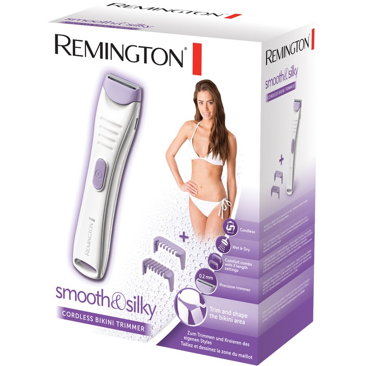 Remington Smooth & Silky BKT4000 Bikini Trimmer 1 stk trådløs hårfjerning i hvit og lilla eske med bilde av kvinne.