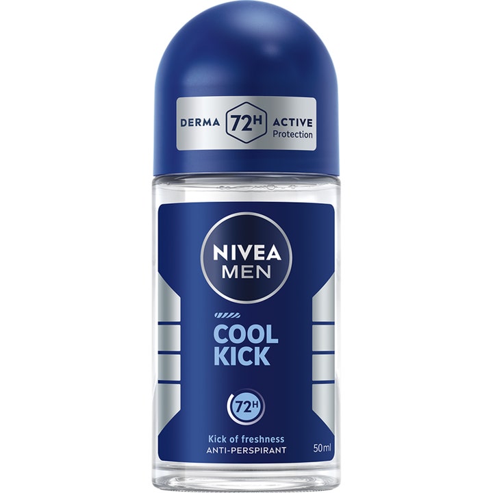 Nivea Men Cool Kick 50 ml roll-on deodorant gir 72 timers beskyttelse i klar glassflaske med blå kork