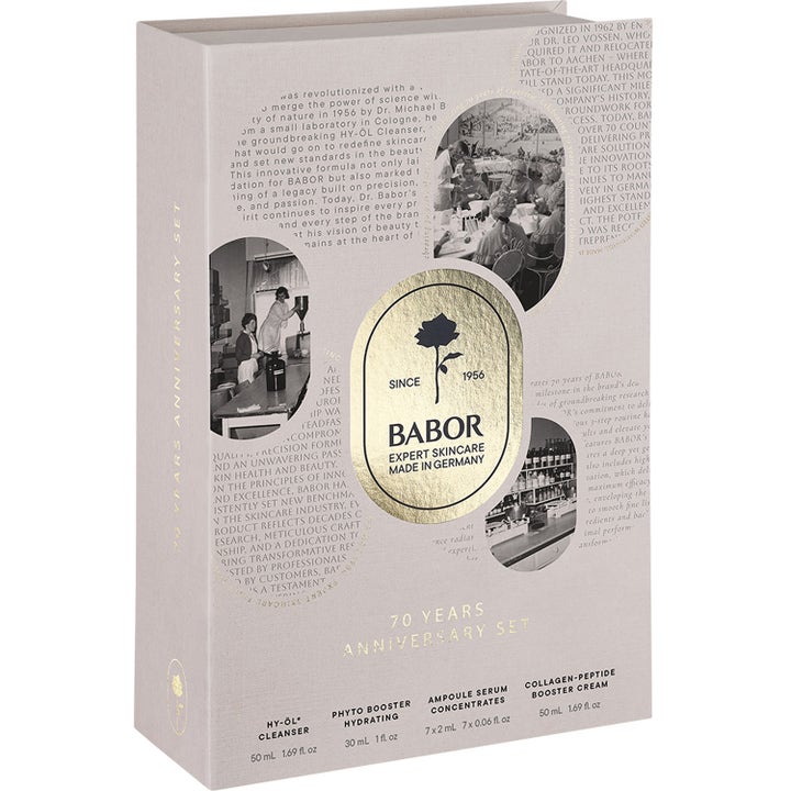 Babor 70 Anniversary Set 144 ml pleiende ansiktspleiesett i grå gaveeske dekorert med gull og historiske bilder