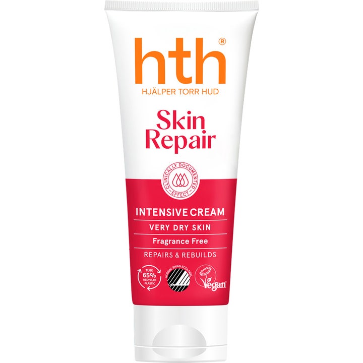 hth Skin Repair Intensive Cream 100 ml reparerer og pleier veldig tørr hud i hvit og rød tube med svanemerke