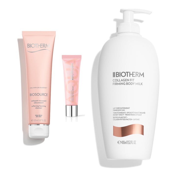 Biotherm Biosource rens 150ml og Collagen Fit bodylotion 400ml fuktighetsgivende hudpleie i rosa tuber og hvit flaske.
