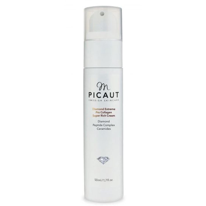 M. Picaut Diamond Extreme Pro Collagen Super Rich Cream 50 ml rik ansiktskrem i hvit sylindrisk pumpeflaske med klart lokk