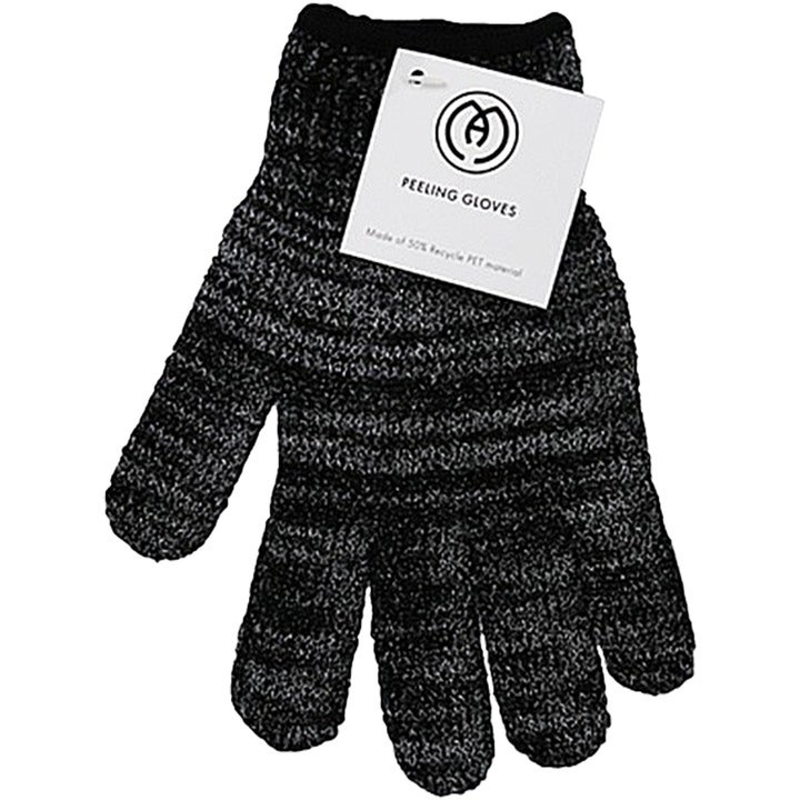CAIA Peeling Gloves eksfolierende skrubbehanske som gir glatt hud i en svart og hvitmelert tekstur med hvit logoetikett