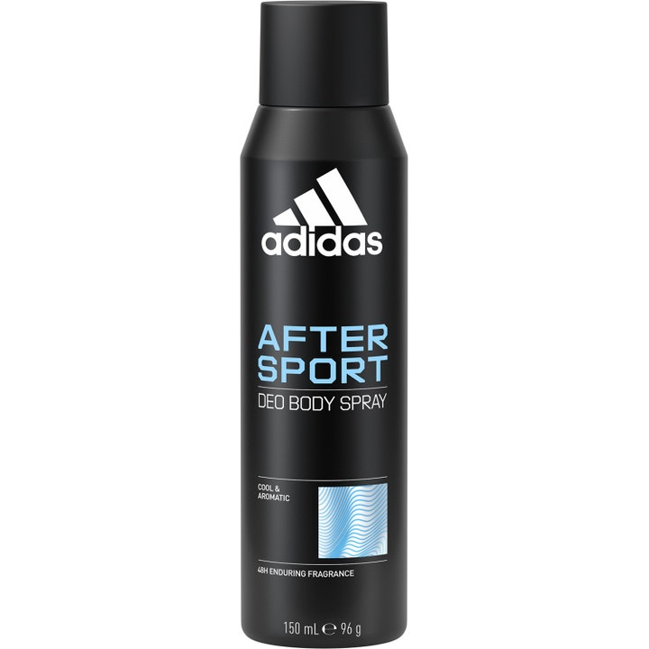 Adidas After Sport Deo Body Spray 150 ml oppfriskende kroppsspray i en svart boks med hvit logo og blå detaljer.