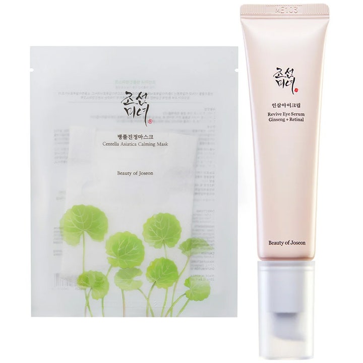 Beauty of Joseon Centella Calming Mask og Revive Eye Serum 30ml beroligende hudpleie i hvit pakke og beige tube med pumpe