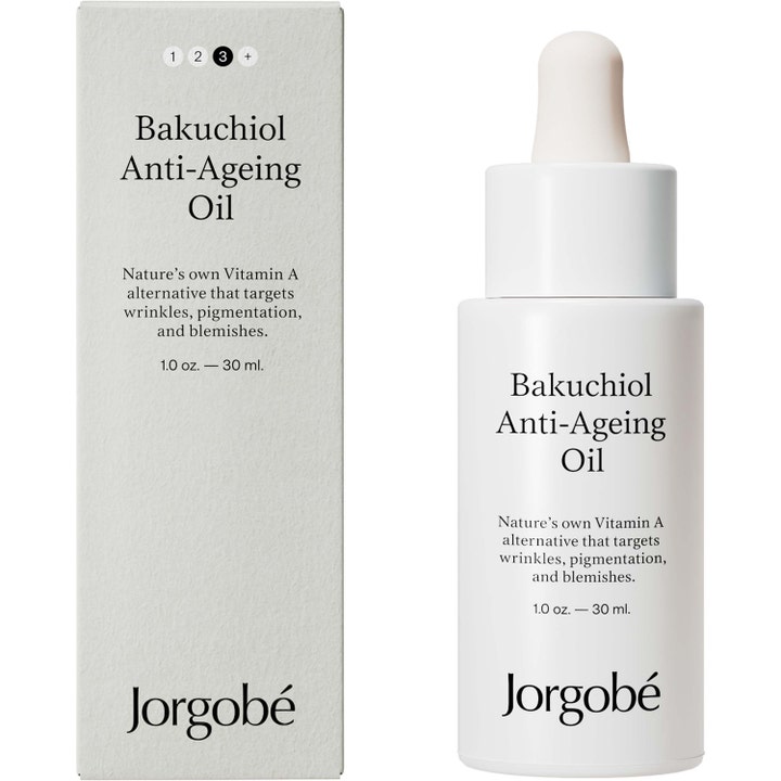 Jorgobé Bakuchiol Anti-Ageing Oil 30 ml ansiktsolje i hvit flaske og eske som reduserer rynker og pigmentering.