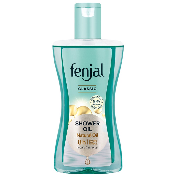 Fenjal Classic Shower Oil pleiende dusjolje som gir fuktighet i turkis gjennomsiktig flaske med lyseblått lokk
