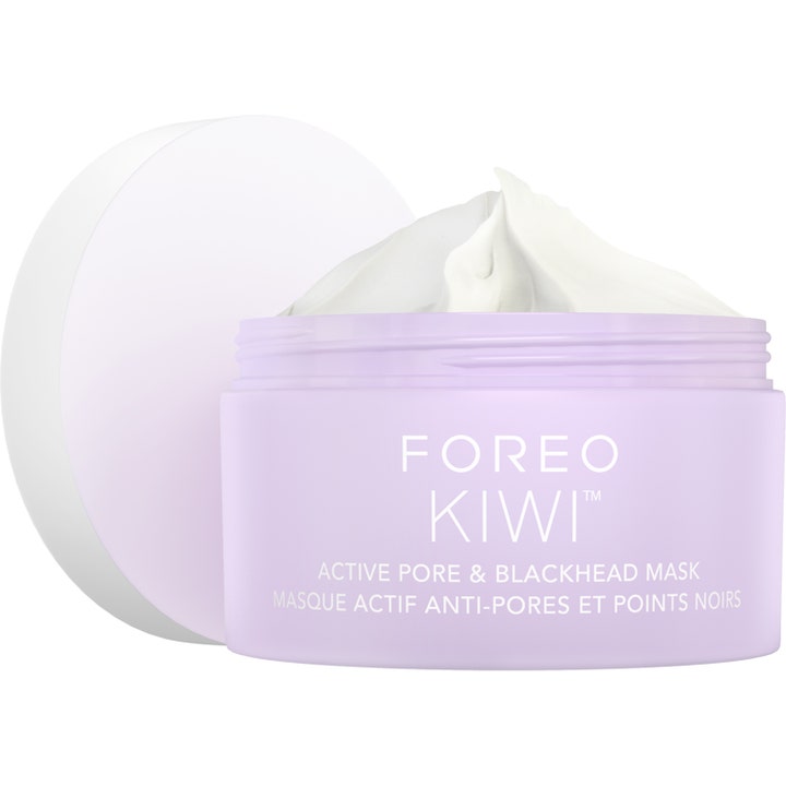 Foreo Kiwi Active Pore & Blackhead Mask ansiktsmaske mot hudormer i lilla krukke med hvit kremet konsistens.