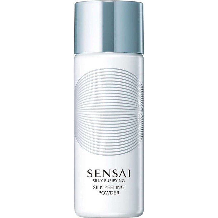 Sensai Silky Purifying Silk Peeling Powder 40g eksfolierende ansiktsrens i hvit flaske med elegant sølvfarget kork
