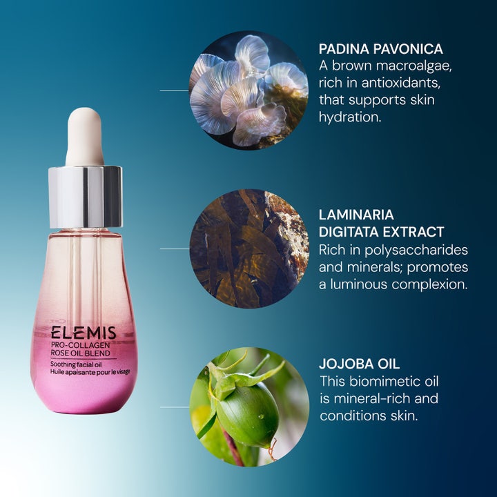 Elemis Pro-Collagen Rose Facial Oil 15 ml beroligende ansiktsolje i rosa glassflaske med jojobaolje og alger.